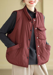 Women Wine Red Button Pockets Cotton Filled Waistcoat Sleeveless