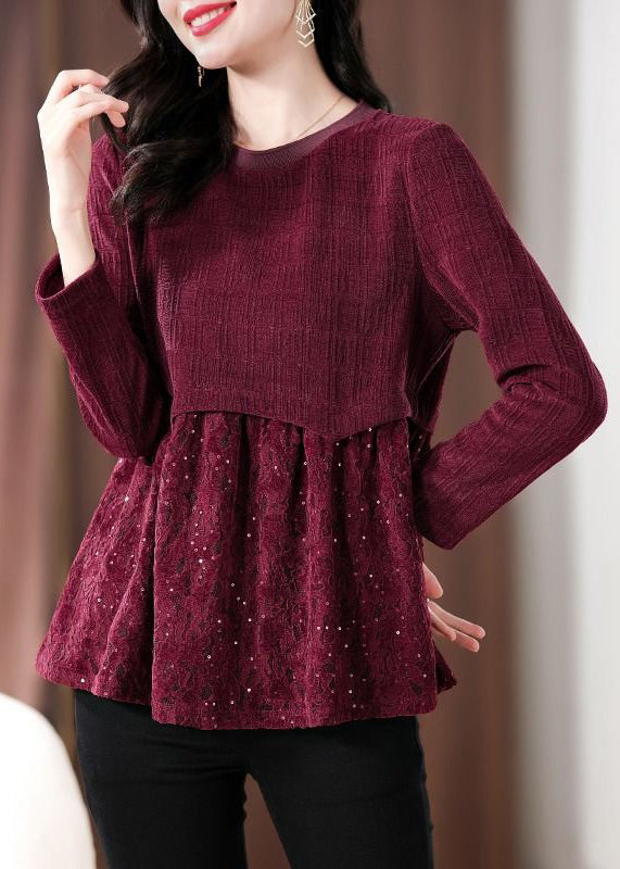 Women Wine Red Lace Patchwork Knit Top Long Sleeve