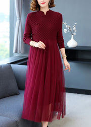 Women Wine Red Wrinkled Patchwork Knit Sweater Dress Long Sleeve