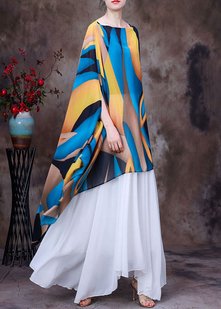 Women Yellow Blue Asymmetrical Design Print Chiffon Top Batwing Sleeve