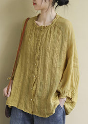 Women Yellow Button Embroidered Linen Shirts Long Sleeve