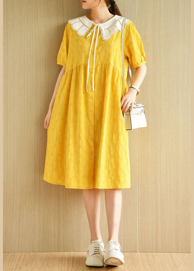 Women Yellow Button Patchwork Summer Cotton Short Sleeve Dress - bagstylebliss