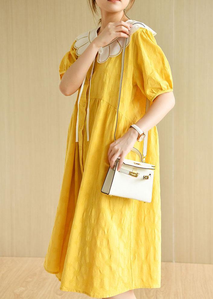 Women Yellow Button Patchwork Summer Cotton Short Sleeve Dress - bagstylebliss