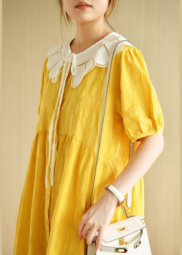 Women Yellow Button Patchwork Summer Cotton Short Sleeve Dress - bagstylebliss