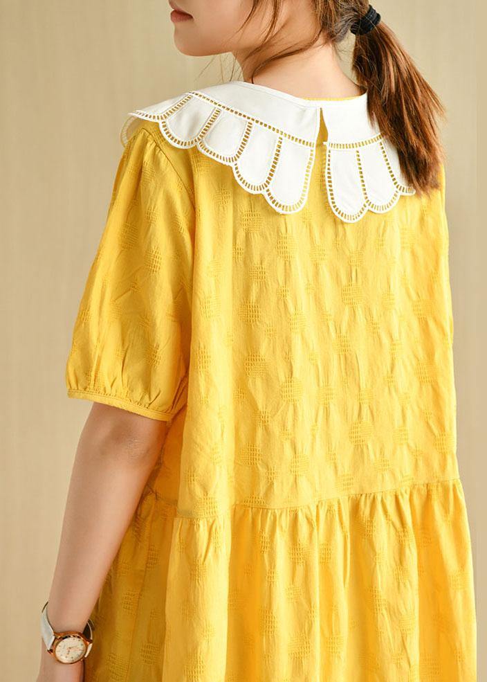 Women Yellow Button Patchwork Summer Cotton Short Sleeve Dress - bagstylebliss