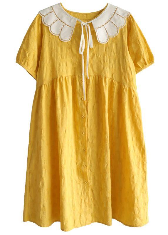 Women Yellow Button Patchwork Summer Cotton Short Sleeve Dress - bagstylebliss