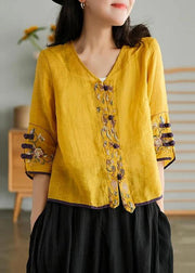 Women Yellow Casual Ramie Cardigan Embroidered Shirt - bagstylebliss
