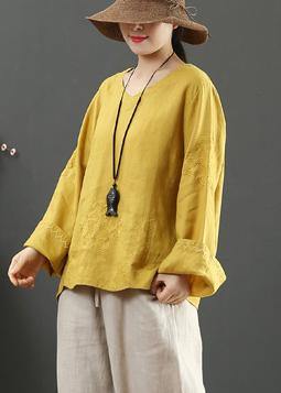 Women Yellow Clothes V Neck Embroidery Dresses Spring Blouse - bagstylebliss