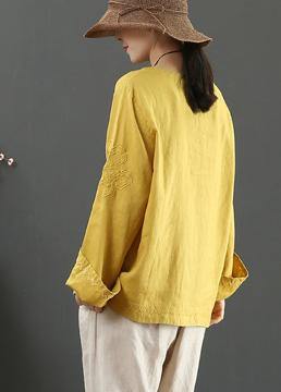 Women Yellow Clothes V Neck Embroidery Dresses Spring Blouse - bagstylebliss