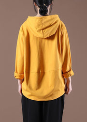 Women Yellow Cotton Unique Hooded Boho Spring Tops - bagstylebliss