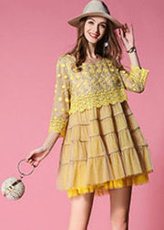 Women Yellow Embroidered Lace Patchwork Tulle Dress Bracelet Sleeve