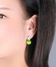 Women Yellow Green Shell Flower Cymophanite Drop Earrings