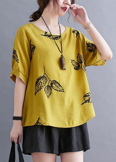 Women Yellow Half Sleeve Shirt Tops Summer Cotton Linen - bagstylebliss