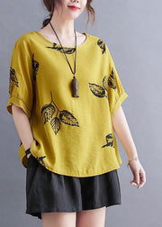 Women Yellow Half Sleeve Shirt Tops Summer Cotton Linen - bagstylebliss