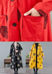 Women Yellow Hooded Pockets Print Warm Fleece Coat Winter