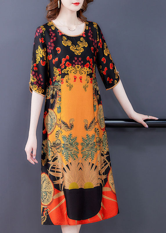 Women Yellow O-Neck Print Silk Women&