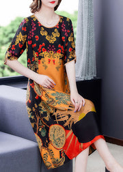 Women Yellow O-Neck Print Silk Women's Dress Half Sleeve