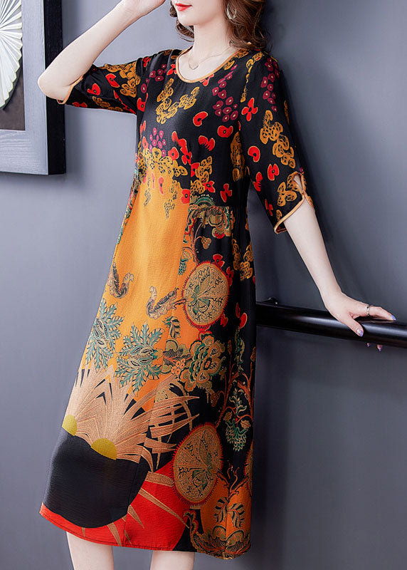 Women Yellow O-Neck Print Silk Women&