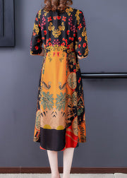 Women Yellow O-Neck Print Silk Women's Dress Half Sleeve