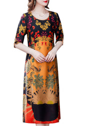 Women Yellow O-Neck Print Silk Women's Dress Half Sleeve