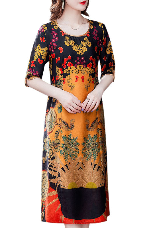 Women Yellow O-Neck Print Silk Women&