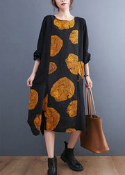 Women Yellow Patchwork Pockets Print Fall Dress Long sleeve