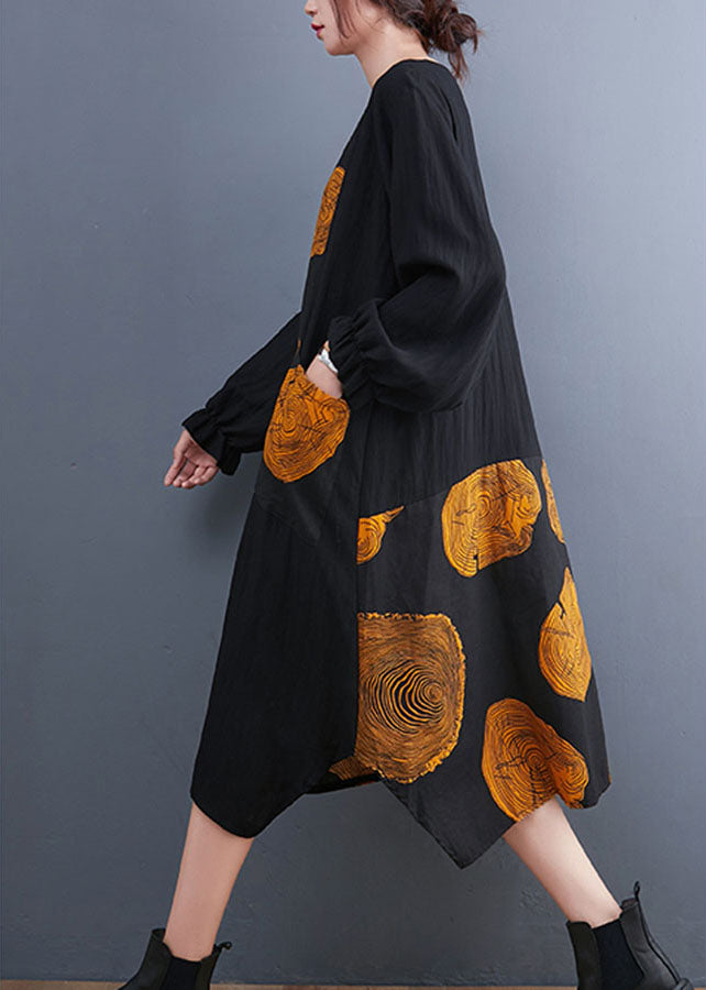 Women Yellow Patchwork Pockets Print Fall Dress Long sleeve