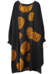 Women Yellow Patchwork Pockets Print Fall Dress Long sleeve