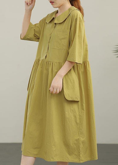 Women Yellow Peter Pan Collar Button Pockets Long Dresses Summer Cotton - bagstylebliss
