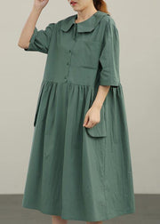 Women Yellow Peter Pan Collar Button Pockets Long Dresses Summer Cotton - bagstylebliss