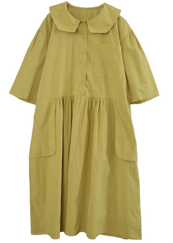 Women Yellow Peter Pan Collar Button Pockets Long Dresses Summer Cotton - bagstylebliss