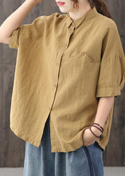 Women Yellow Peter Pan Collar asymmetrical design Cotton Linen Shirts Summer - bagstylebliss