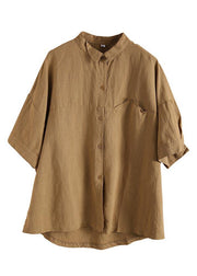 Women Yellow Peter Pan Collar asymmetrical design Cotton Linen Shirts Summer - bagstylebliss
