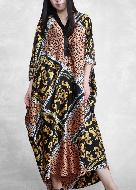 Women Yellow Print Dresses V Neck Batwing Sleeve Maxi Dresses - bagstylebliss