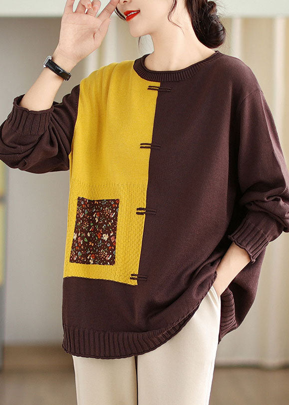 Women Yellow Print Patchwork Cotton Knit Sweaters Fall