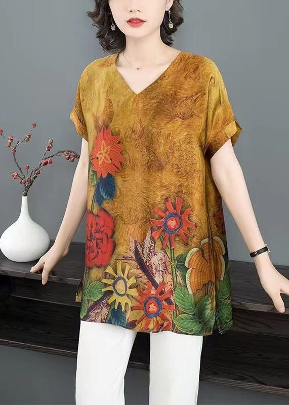 Women Yellow Print Side Open Patchwork Silk T Shirt Short Sleeve