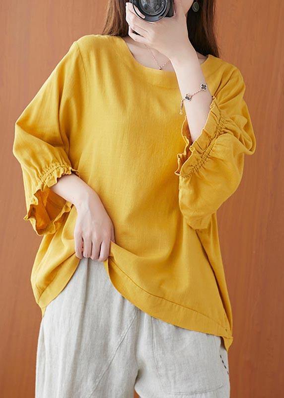 Women Yellow Ruffled Cotton Summer Shirt Top - bagstylebliss