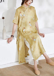 Women Yellow Side Open Print Summer Ramie long shirts - bagstylebliss