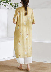 Women Yellow Side Open Print Summer Ramie long shirts - bagstylebliss