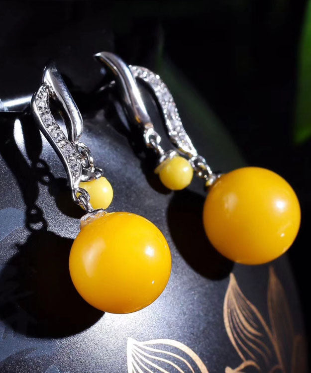 Women Yellow Sterling Silver Beeswax Ball Drop Earrings