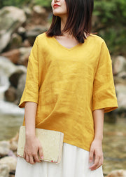 Women Yellow V Neck low high design Linen Tops Short Sleeve