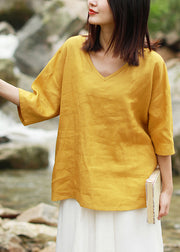 Women Yellow V Neck low high design Linen Tops Short Sleeve