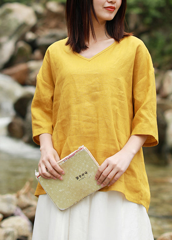 Women Yellow V Neck low high design Linen Tops Short Sleeve