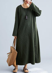 Women army green cotton dress o neck jacquard Robe fall Dresses - bagstylebliss