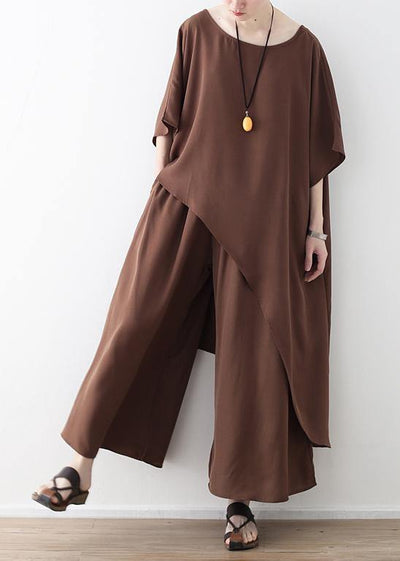 Women Asymmetric Hem Chiffon Box Top Work Brown Tunic Blouse Summer - bagstylebliss