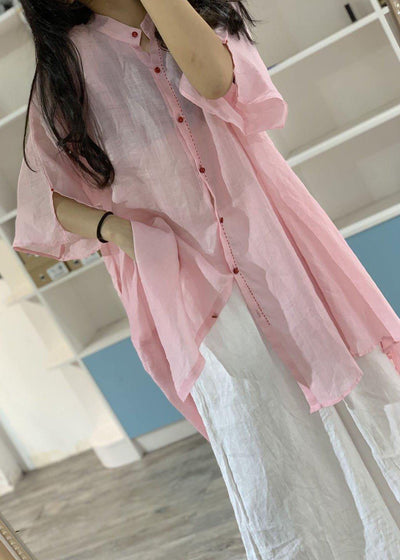 Women asymmetric hem linen clothes Christmas Gifts pink stand collar shirt Dresses - bagstylebliss