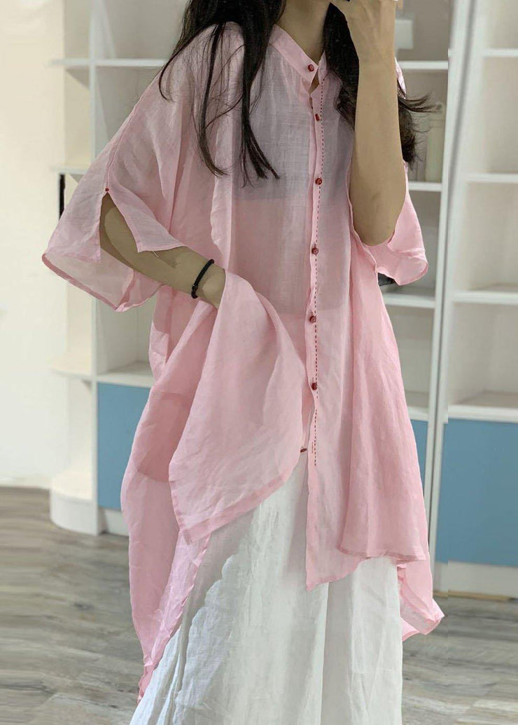 Women asymmetric hem linen clothes Christmas Gifts pink stand collar shirt Dresses - bagstylebliss