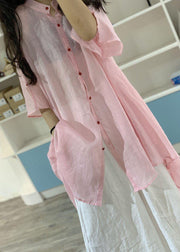 Women asymmetric hem linen clothes Christmas Gifts pink stand collar shirt Dresses - bagstylebliss