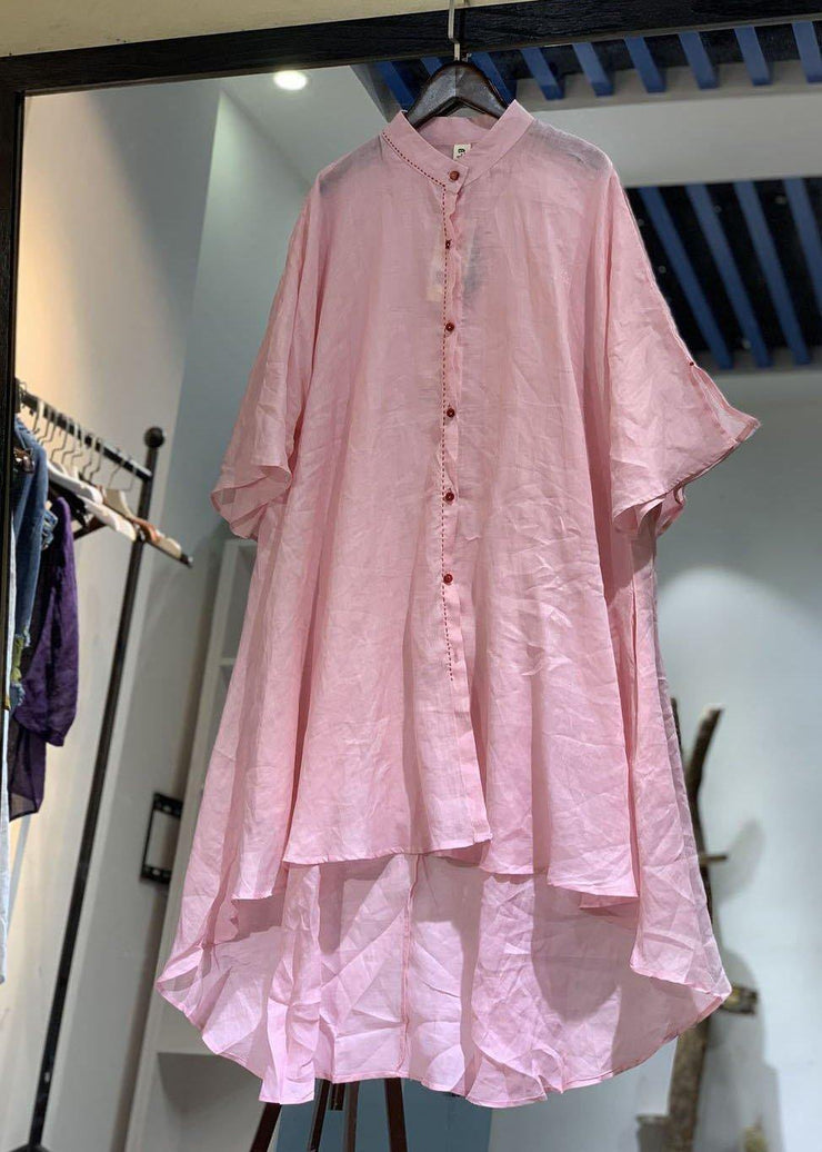 Women asymmetric hem linen clothes Christmas Gifts pink stand collar shirt Dresses - bagstylebliss