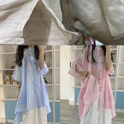 Women asymmetric hem linen clothes Christmas Gifts pink stand collar shirt Dresses - bagstylebliss